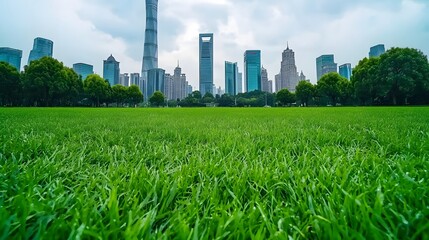 Lush Green Grass with Urban Skyline and Dramatic Cloudy Sky