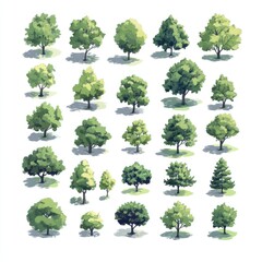A Collection Of Diverse Green Trees Isolated On White