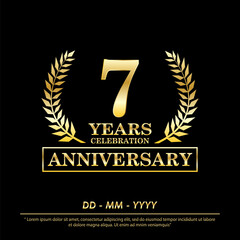 7th years anniversary celebration emblem. elegance golden anniversary laurel wreath awards logo isolated on black background. vector illustration template design for celebration greeting card
