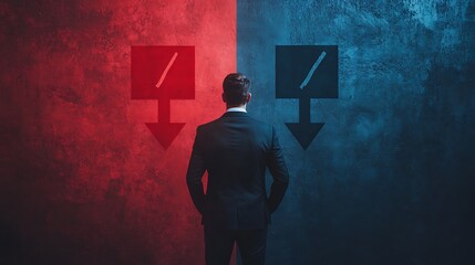 Businessman facing a difficult choice, symbolized by red and blue arrows pointing down.