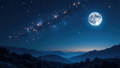 Fototapeta premium Golden stars shining in the midnight sky with silver moonlight and blue night, stars, night