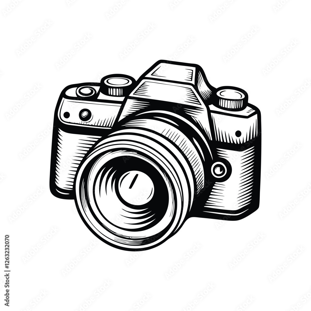 Poster create a clean, editable stroke vector graphic of a detailed camera with a prominent lens, suitable 