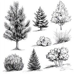 Fototapeta premium Ink Drawings of Various Trees and Shrubs