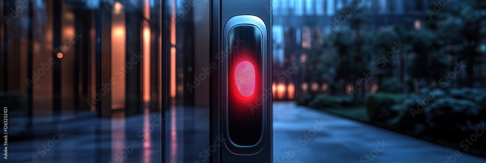 Poster biometric lock with fingerprint sensor in urban evening setting