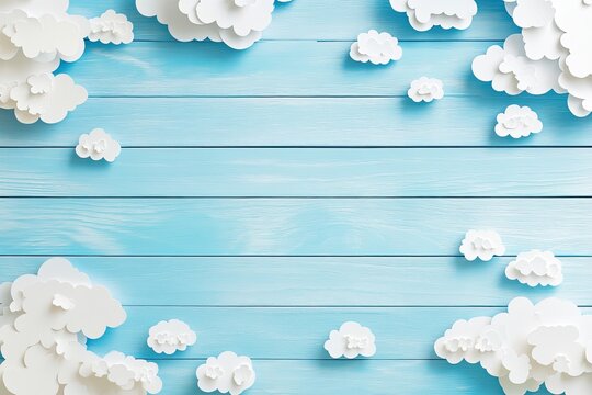 Paper clouds frame on blue wood; background for text
