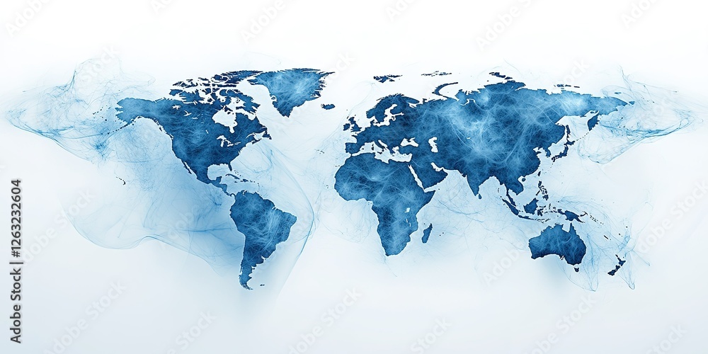 Poster artistic representation of a world map with blue shades and abstract patterns