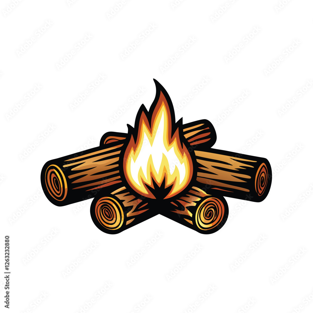 Poster create an editable stroke vector graphic of a campfire with three surrounding elements (e.g., marshm