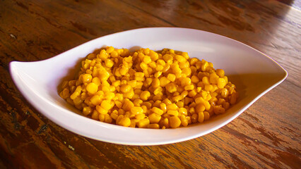 Creamy Corn Kernels in Elegant White Bowl, Restaurant Snack Menu