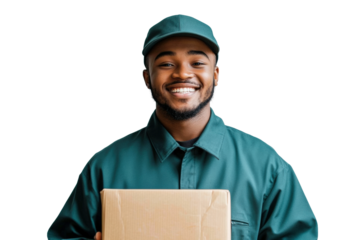 Delivery service smiling courier with package at home office isolated on transparent background
