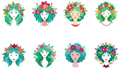 Fototapeta premium set of funny cartoon flower-head people