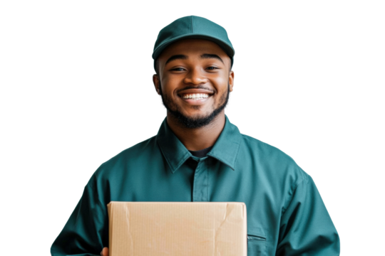 Delivery service smiling courier with package at home office isolated on transparent background