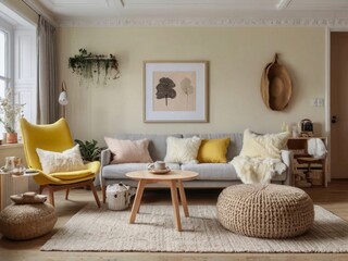Modern Living Room Decor With Yellow Chair And Neutral Tones