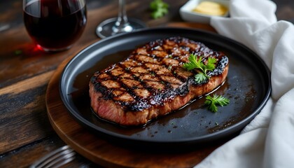 Grilled Beef Steak with Red Wine on Plate Ready to Serve