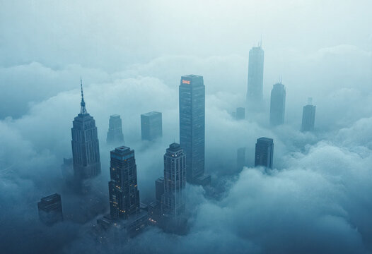 A futuristic city skyline emerging from thick clouds. The towering skyscrapers appear like islands in the mist, creating a sci-fi dreamscape. Generative AI