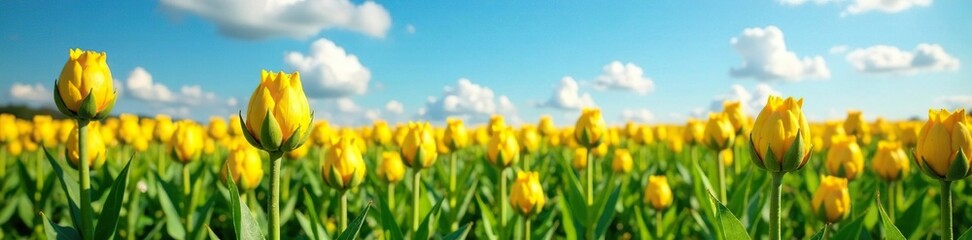 Obraz premium Field of golden yellow Jerusalem artichokes growing amidst blue sky and green grass, Jerusalem artichoke, field