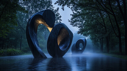 Abstract metal sculptures in misty forest setting at twilight