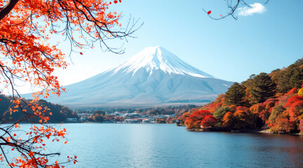 majestic mount fuji with autumnal foliage reflected in a calm lake