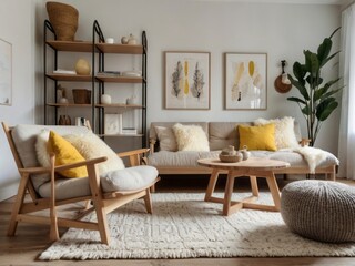 Light and airy living room with neutral tones and wooden furniture
