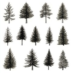Fototapeta premium Twelve Detailed Drawings of Evergreen Trees