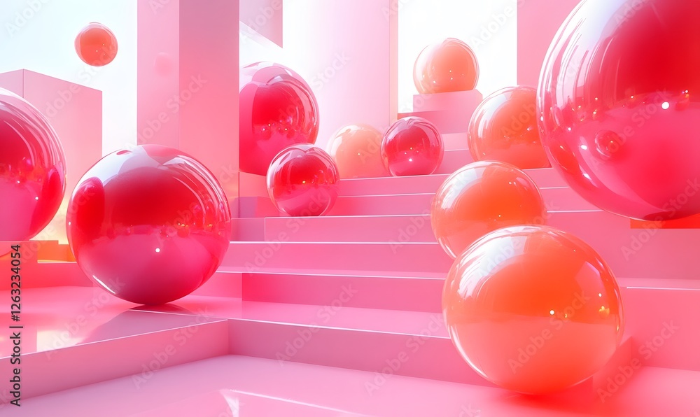 Poster abstract pink staircase with floating spheres in a 3d rendered scene
