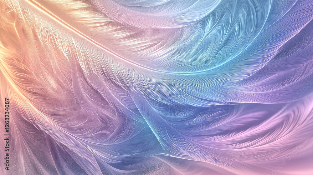 Poster a fractal feather with delicate glowing threads in iridescent pastel hues