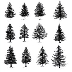 Obraz premium Twelve Ink Drawings of Various Evergreen Trees