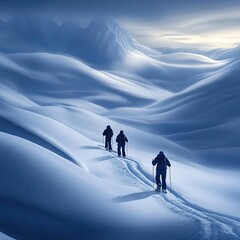 Eco Adventure Escapes with minimalistic snowshoeing scenes on untouched winter landscapes under soft lighting, Eco Adventures