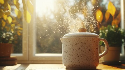 Fototapeta premium Coffee cup with sugar pouring out and fresh vegetables being cooked in a kitchen setting