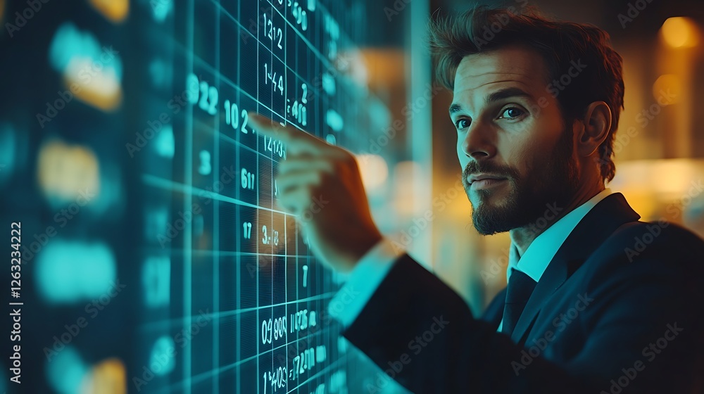Poster businessman analyzing financial data on a large interactive screen.