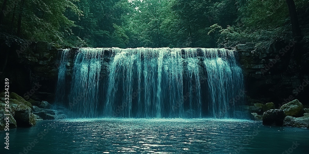 Poster waterfall cascading into a serene pool surrounded by lush greenery in a tranquil forest setting