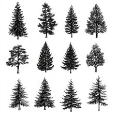Twelve Ink Drawings of Various Coniferous and Deciduous Trees