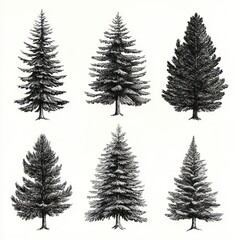 Obraz premium Six Detailed Ink Drawings Of Evergreen Trees