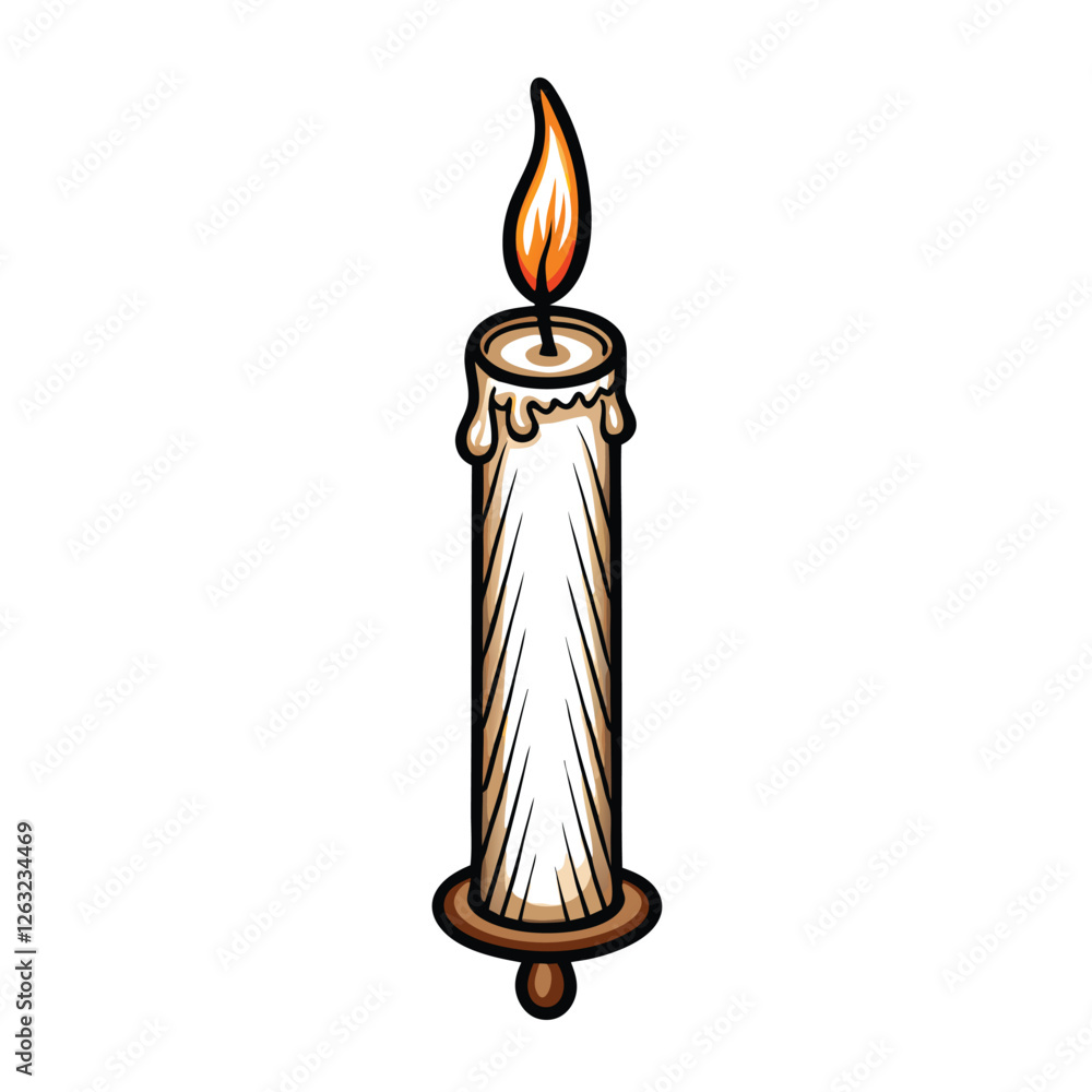 Poster create an editable stroke vector graphic of a realistically rendered candle with melting wax drippin