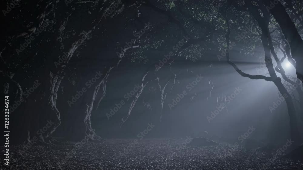 Poster a mysterious forest scene with moonlight filtering through twisted trees. low-angle shot creates an 