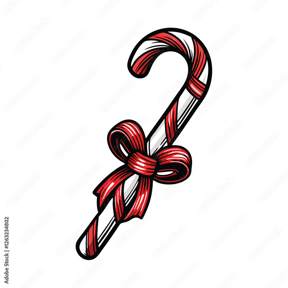 Poster create a vector illustration of a candy cane, tied with a red ribbon, featuring an editable stroke f