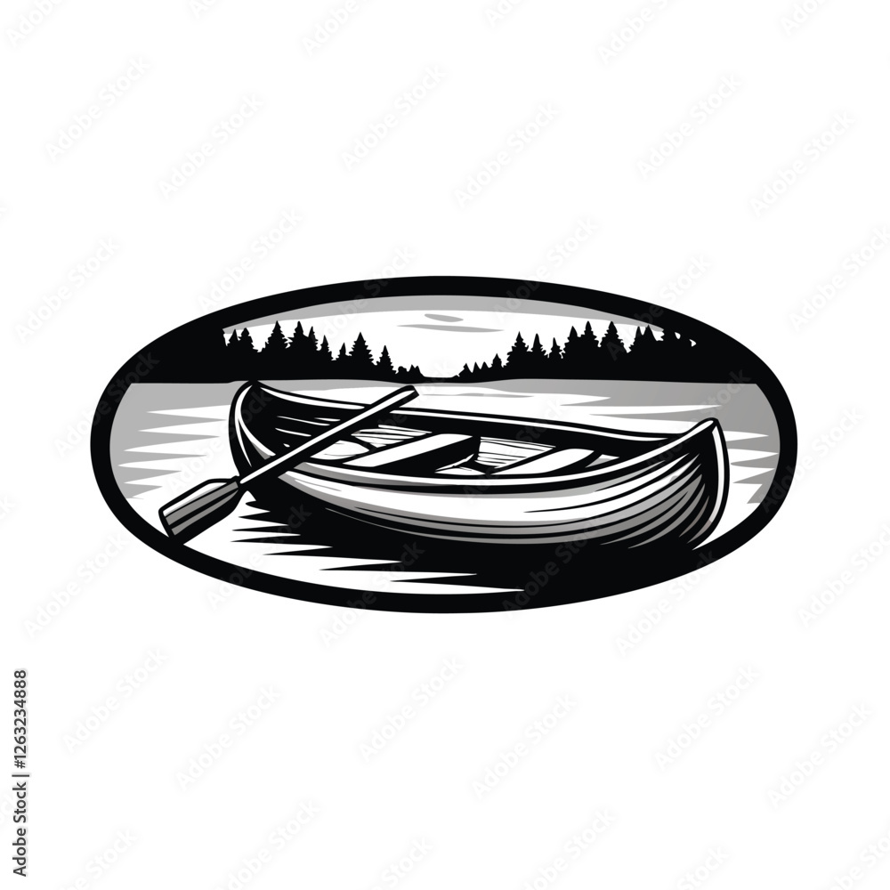 Poster create a vector illustration of a canoe with paddles, gliding on calm water, suitable for editing. t