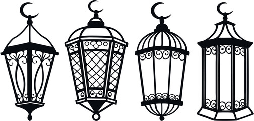 Minimalistic Black Silhouette of Lantern Lights for Ramadan Concept set| Spiritual and Cultural Tradition Vector Illustration | Hand-Drawn Depiction of Ramadan Celebration, Faith, and Festive Lighting
