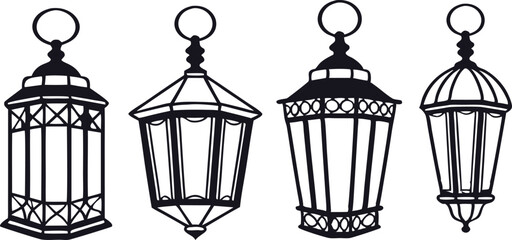 Fototapeta premium Minimalistic Black Silhouette of Lantern Lights for Ramadan Concept set| Spiritual and Cultural Tradition Vector Illustration | Hand-Drawn Depiction of Ramadan Celebration, Faith, and Festive Lighting