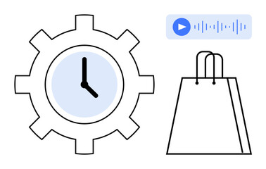 Obraz premium Gear-shaped clock, shopping bag, and audio play symbol with waveform. Ideal for productivity, time management, e-commerce, planning, multitasking technology and innovation themes. Line metaphor