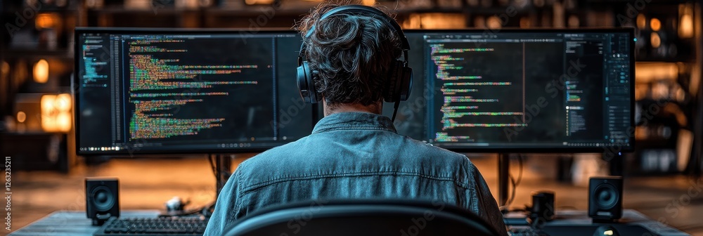 Poster programmer works intently at dual monitors surrounded by a modern workspace