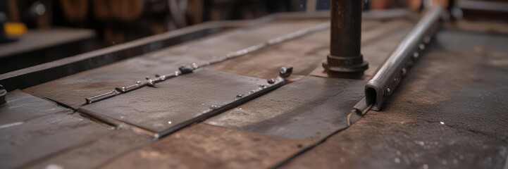 Steel plate with rivets and pipes under a welding torch, structural steel, metalworking tools