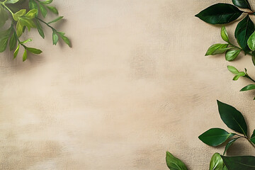 Minimalist natural background with textured beige plaster and fresh green leaves framing the edges. The organic, earthy composition creates a calm and refreshing aesthetic, ideal for eco-friendly
