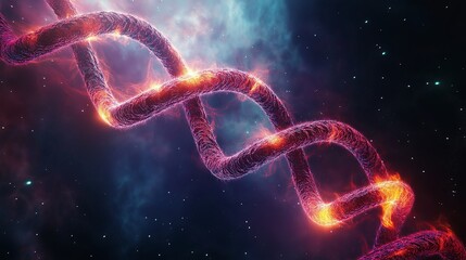A fractal DNA strand glowing with cosmic energy and flowing through a nebula