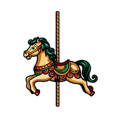 Create a vector illustration of a classic carousel horse, featuring an editable stroke, suitable for animation or design projects.  Include detailed mane and tail.