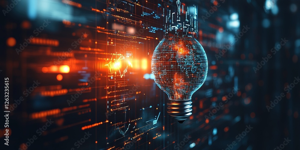 Poster illuminated lightbulb with digital data projections creates a futuristic atmosphere in a tech-driven