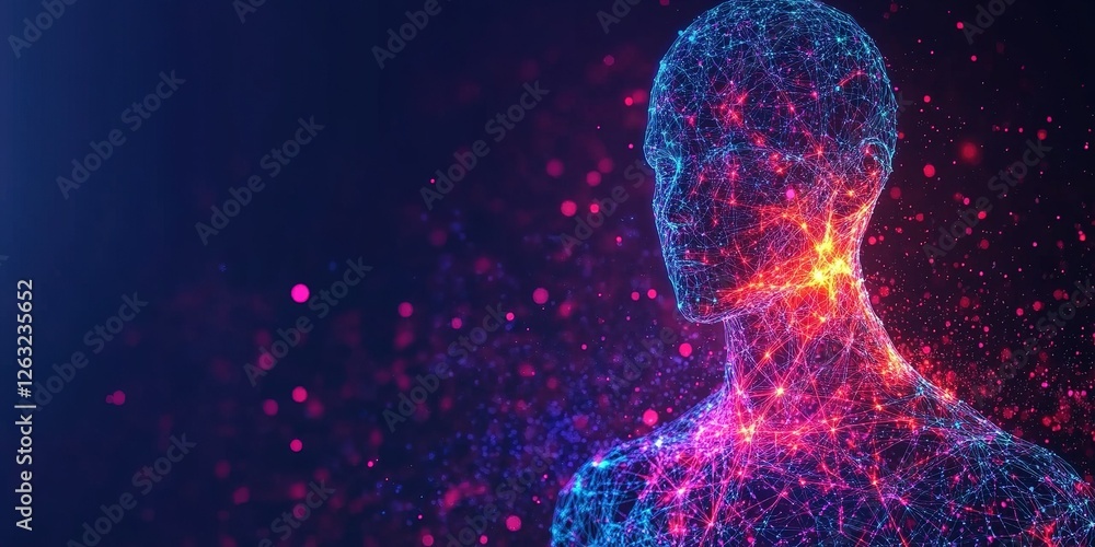Poster digital representation of a human figure with glowing connections in a futuristic setting