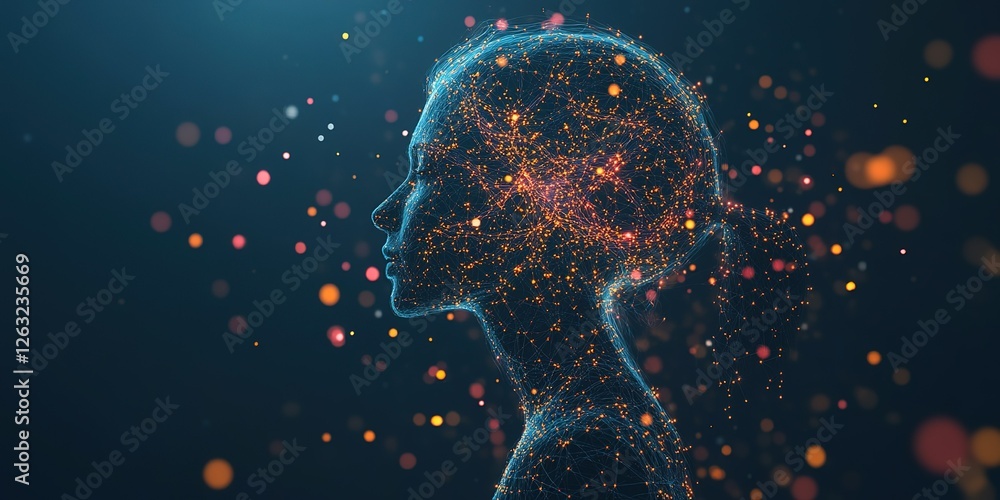 Poster digital representation of human brain activity with vibrant colors showcasing neural connections in 
