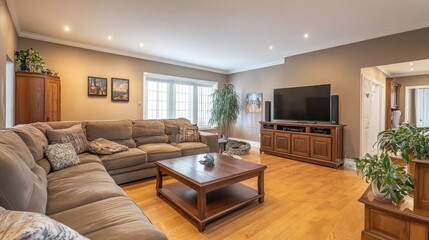 Open-concept living room with a sectional, coffee table, and entertainment unit placed to create a functional and spacious layout