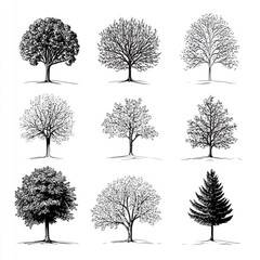 Fototapeta premium Nine Ink Drawings of Various Tree Silhouettes