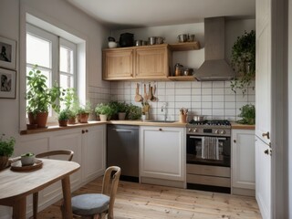 Fototapeta premium Light and airy kitchen with wooden cabinets and potted plants
